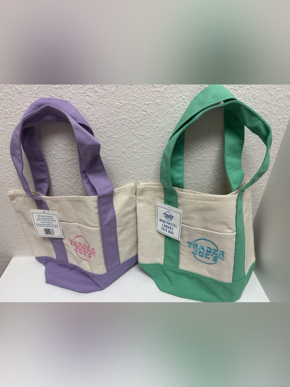 Trader Joe’s Mini Pastel Canvas Tote Bags – Green and purple